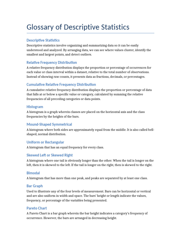 Descriptive Statistics Glossary | PDF | Histogram | Mean