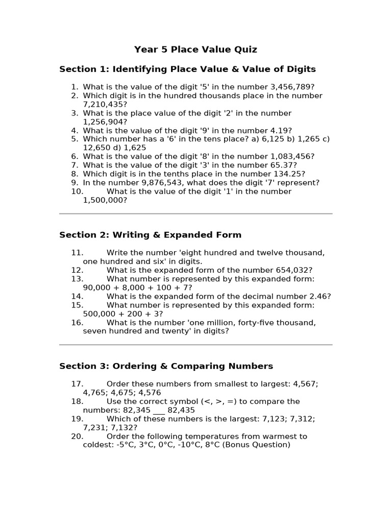 Year 5 Place Value Quiz Questions | PDF