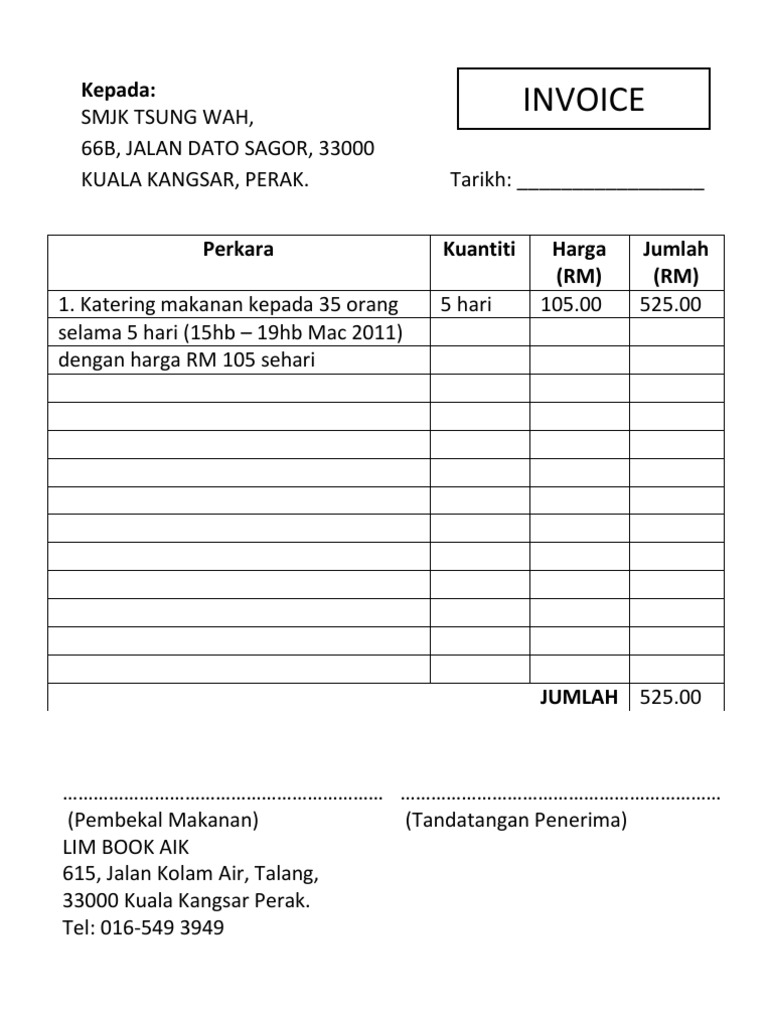 Contoh Surat Invoice Catering Bayaran Sehari Selepas Kerja