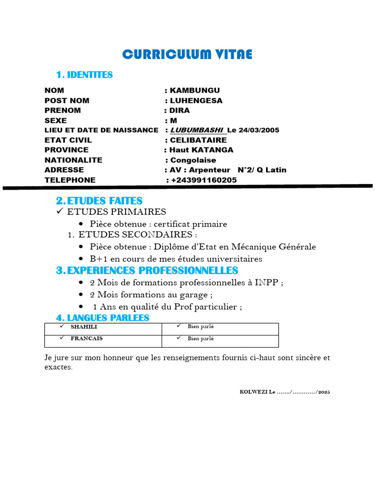 CV de Dira Kambungu - Mécanique Générale | PDF