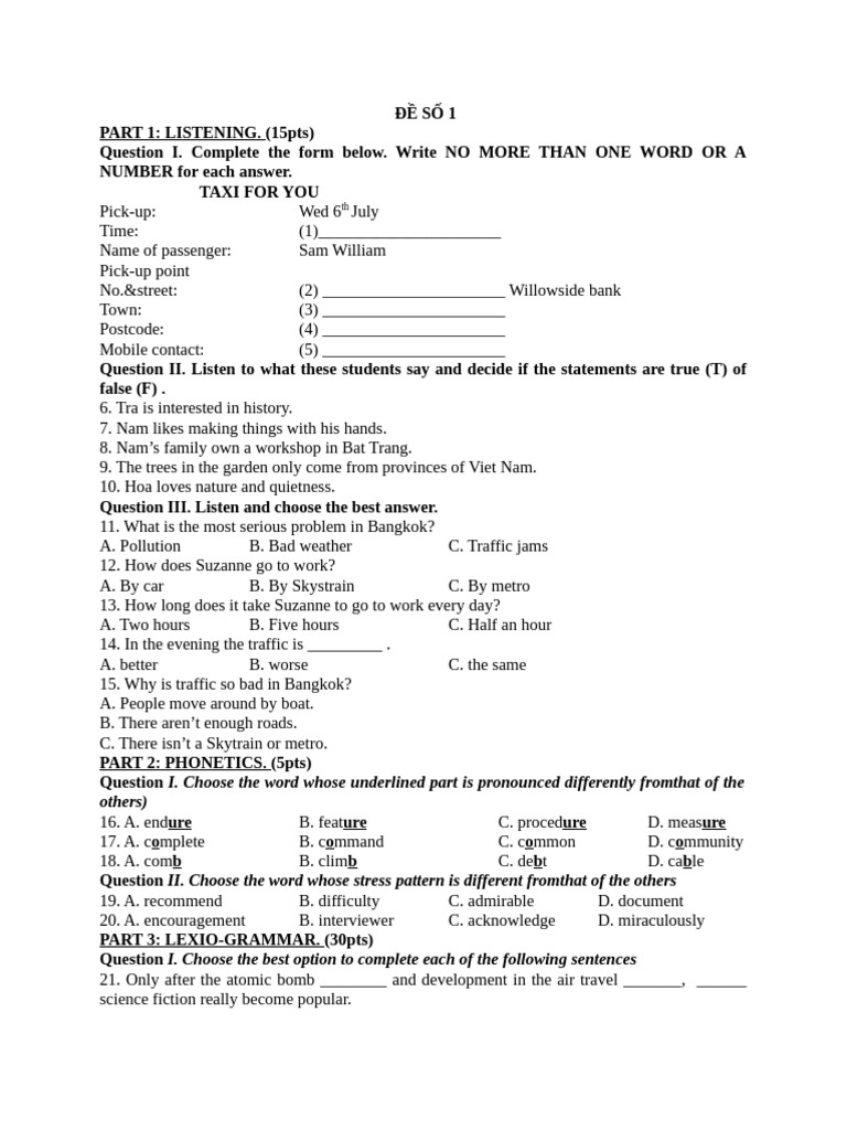Listening and Grammar Practice Test | PDF