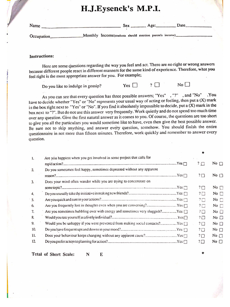 MPI Questionnaire | PDF
