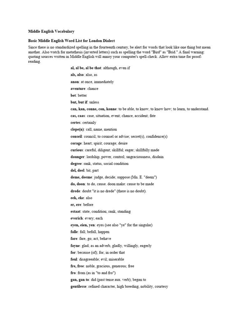 Middle English Vocabulary Guide | PDF | Linguistics | Grammar