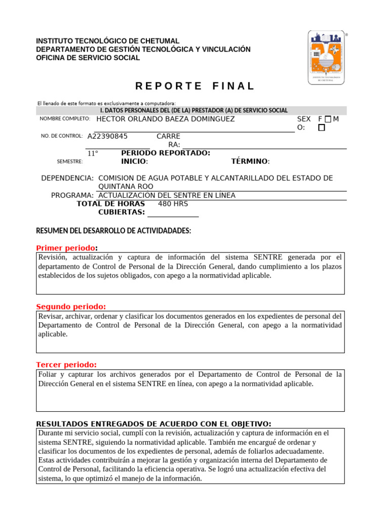 Formato de Reporte Final de Servicio Social | PDF | Gestión de recursos ...