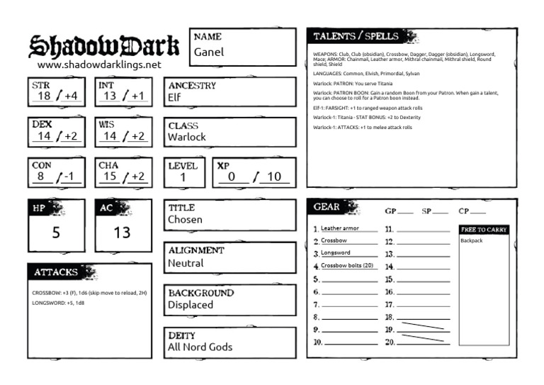 Ganel: Elf Warlock Character Stats | PDF