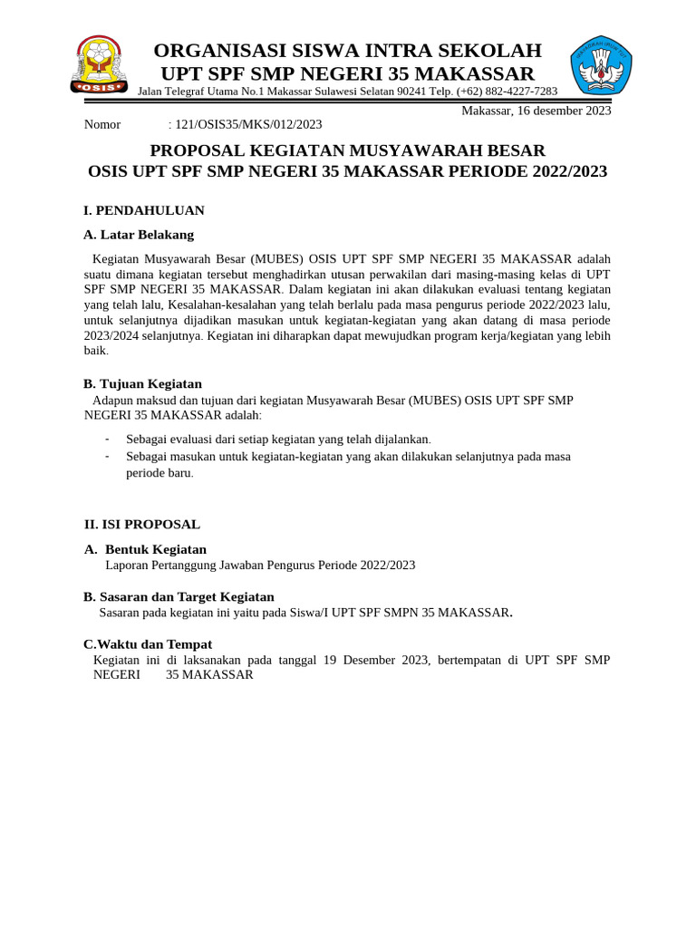 Proposal MUBES OSIS SMPN 35 Makassar | PDF