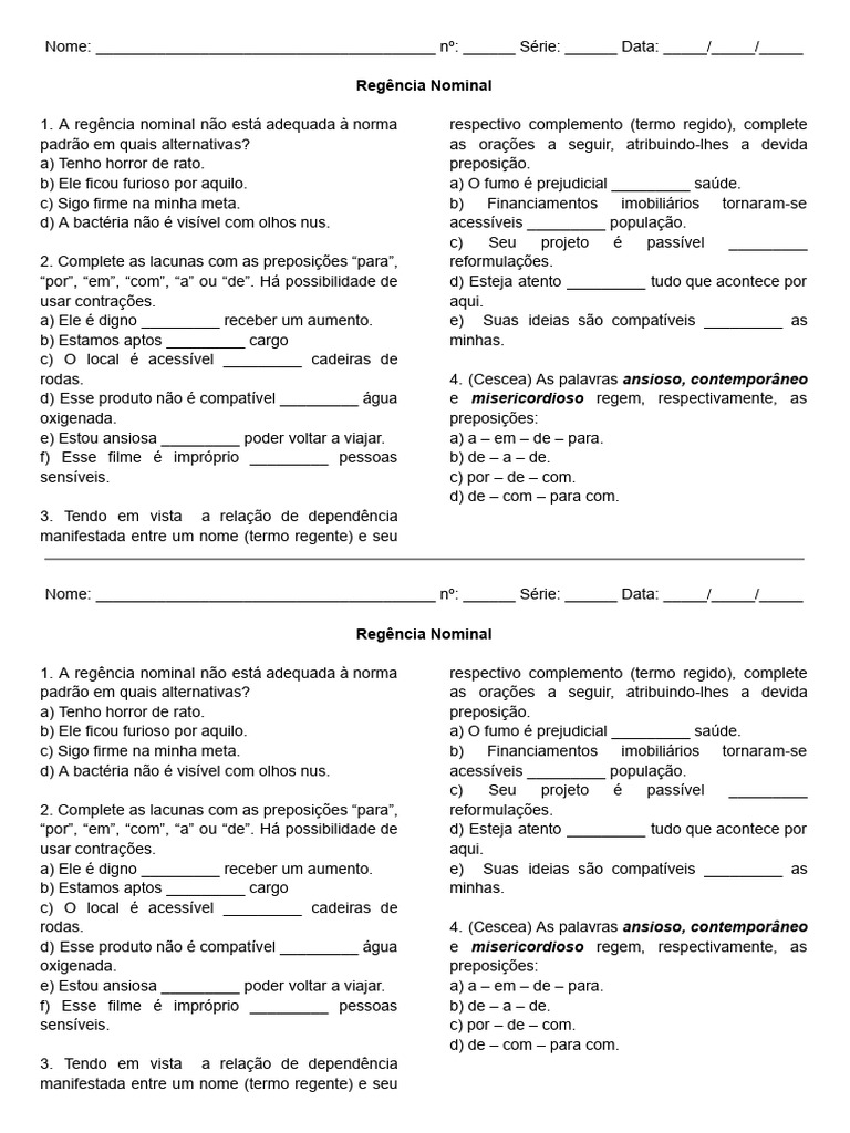 Exercícios de Regência Nominal | PDF | Sintaxe | Relações sintáticas
