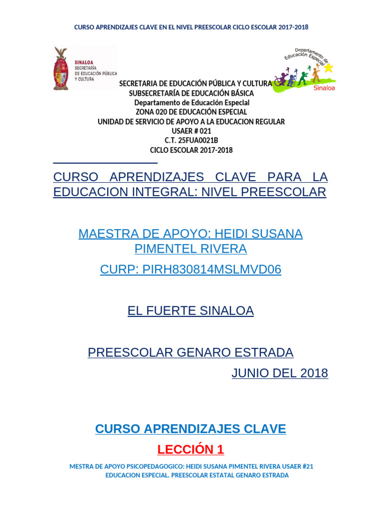 Aprendizajes Clave en Preescolar 2017-2018 | PDF | Educación de la ...