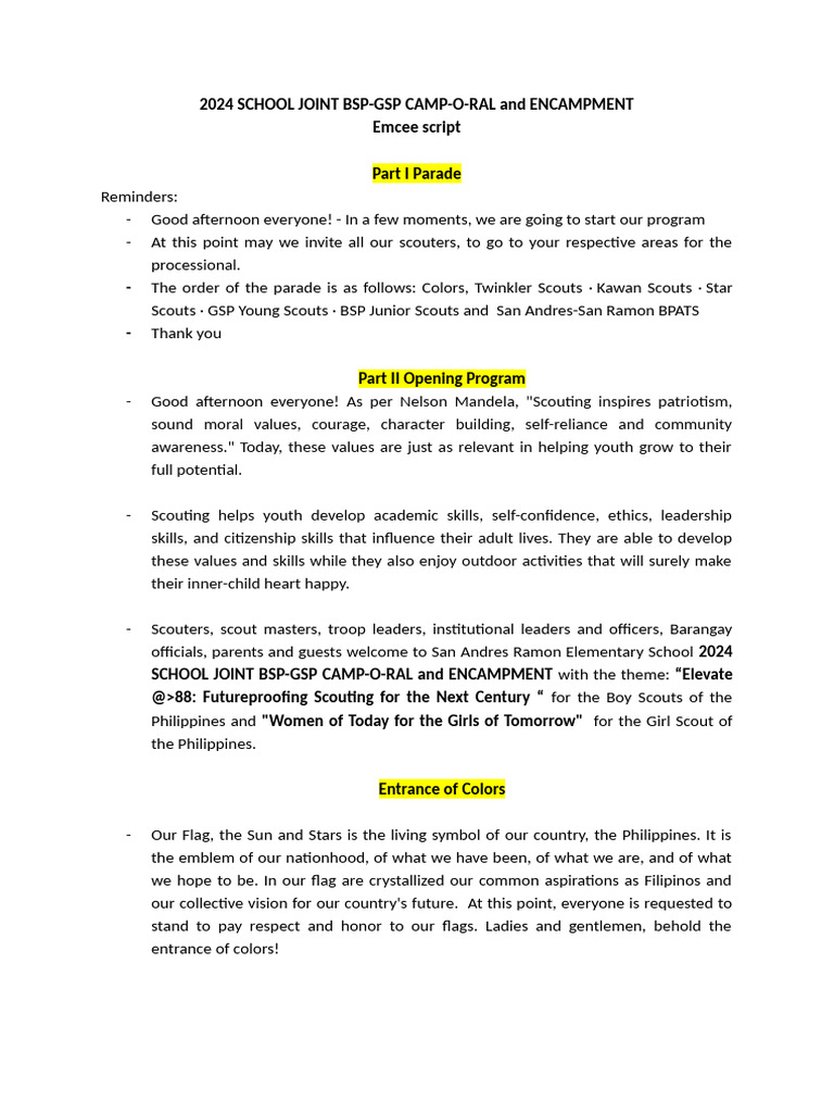 BSP-GSP Camp-O-Ral Emcee Script 2024 | PDF | Scouting | Youth Movements