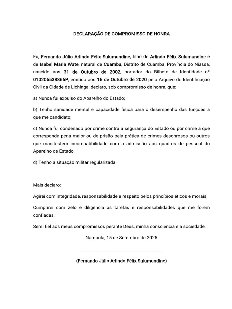Declaração de Compromisso de Honra | PDF