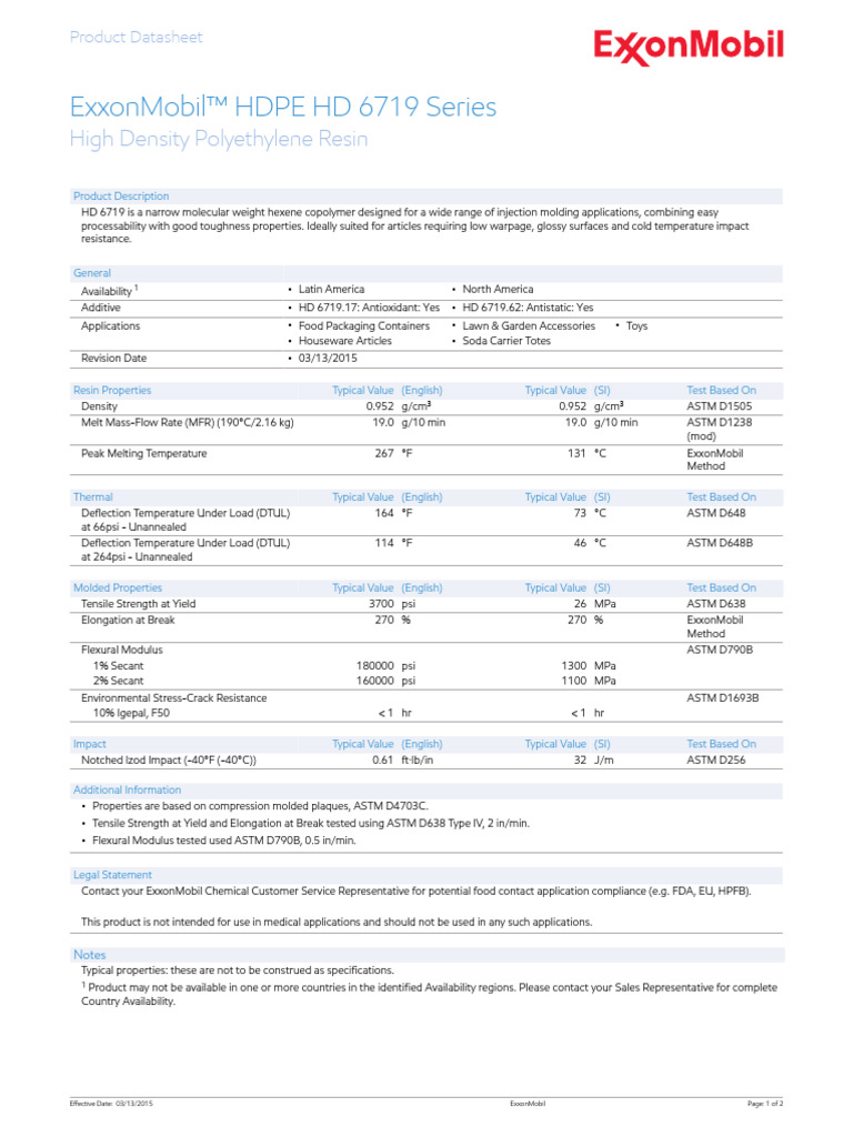 ExxonMobil HDPE HD 6719 Datasheet | PDF | Materials Science | Plastic