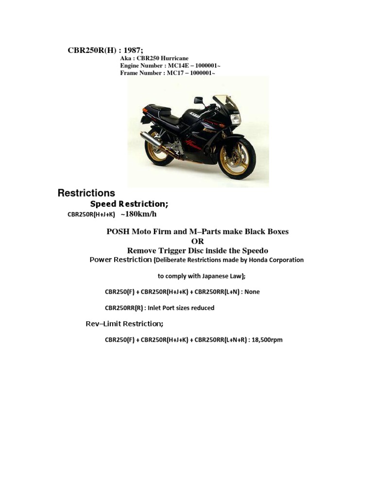 CBR250R Specs & Restrictions Guide | PDF | Motor Oil | Screw