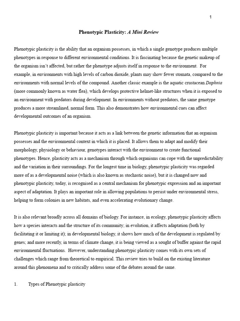 Phenotypic Plasticity - A Mini Review | PDF | Phenotype | Evolution