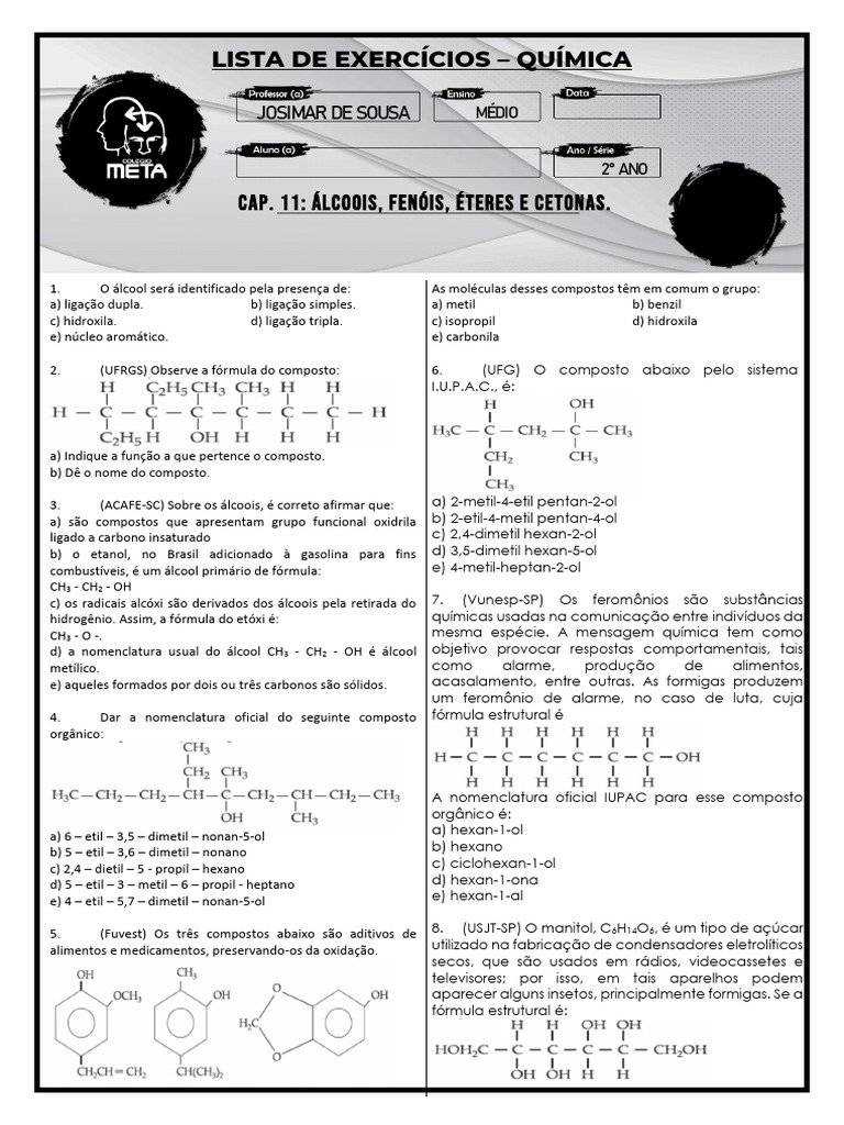 Exercícios sobre Álcoois e Funções Orgânicas | PDF | Cetona | Aldeído