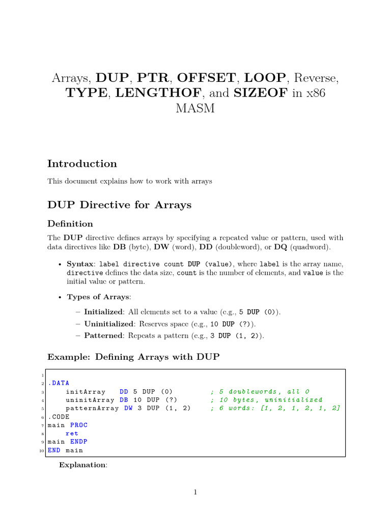 x86 MASM Arrays and Directives Guide | PDF | Pointer (Computer ...