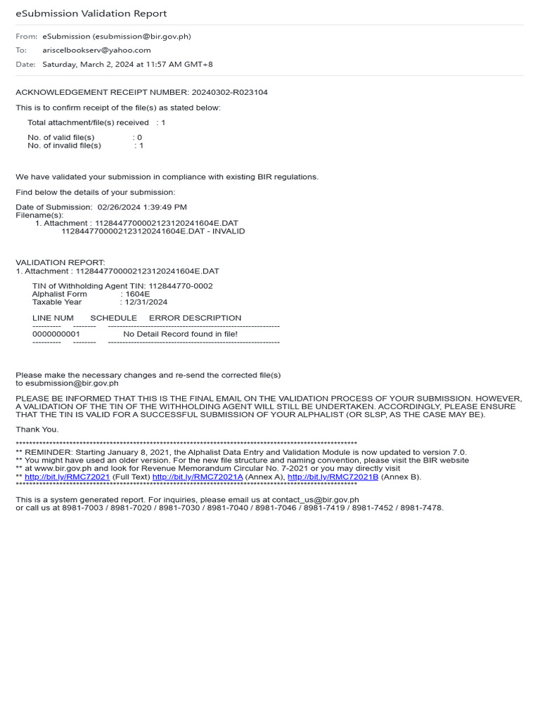 1604E Submission Validation Result | PDF