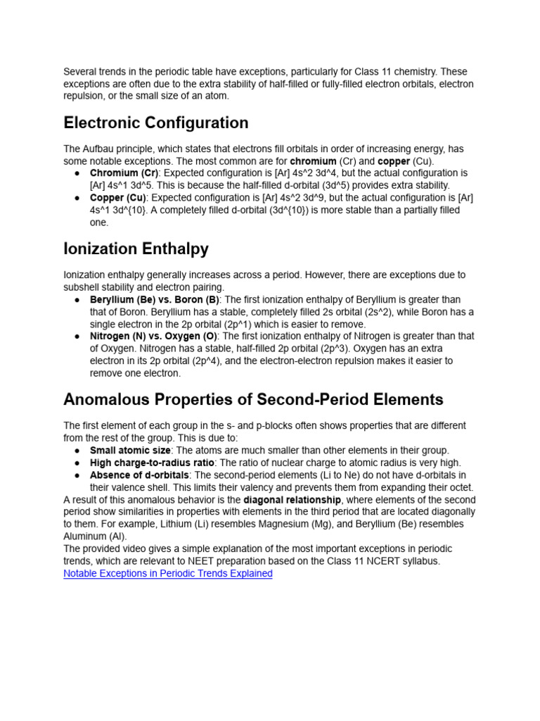 Exceptions in Periodic Table for Class 11 | PDF | Electron ...