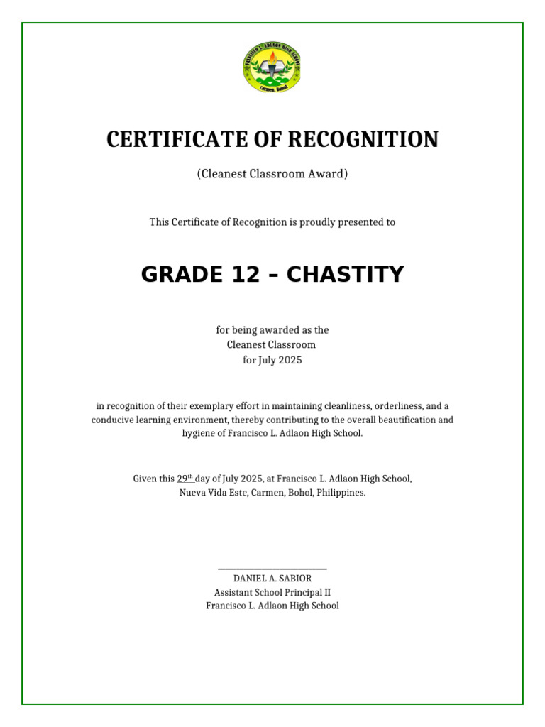 Cleanest Classroom Award Certificate | PDF