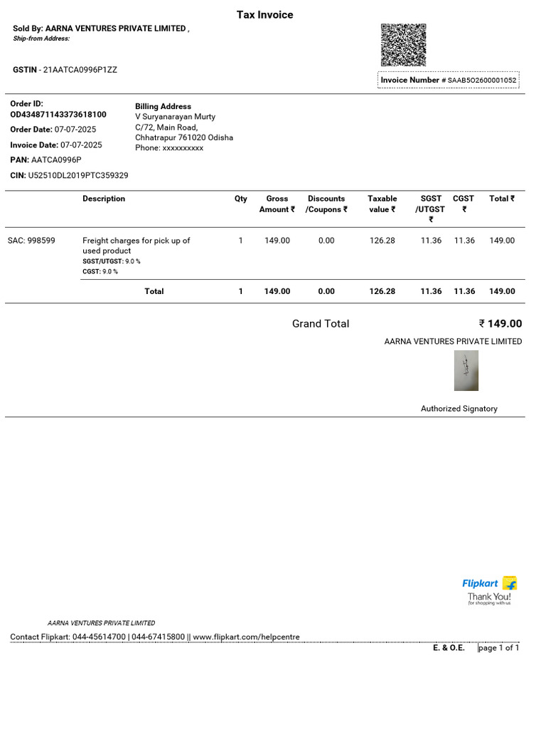 Aarna Ventures Invoice for Flipkart Order | PDF | Payments