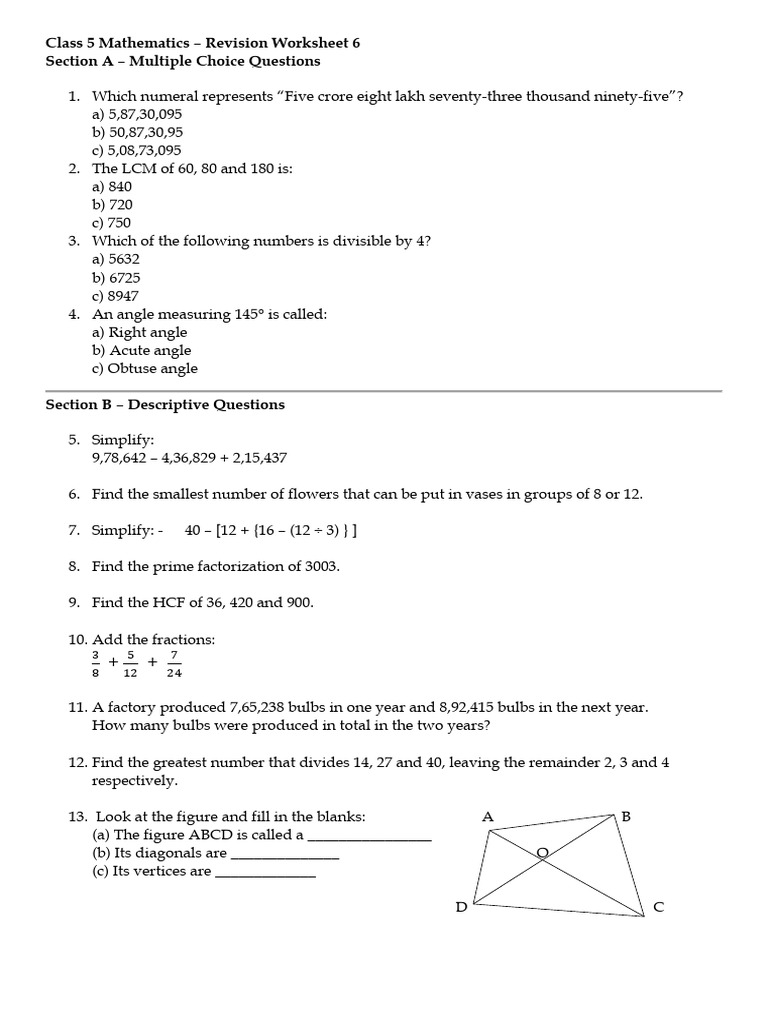 Class 5 Math Revision Worksheet 6 | PDF