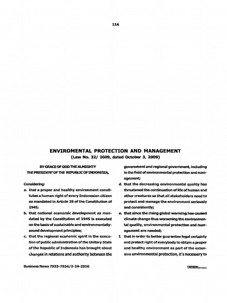 UU No 32 2009 Environmental Protection and Management | PDF ...