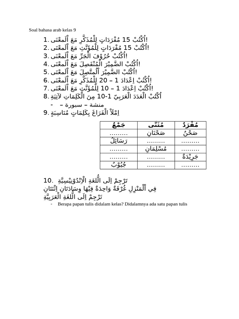 Soal Bahasa Arab Kelas 9 | PDF