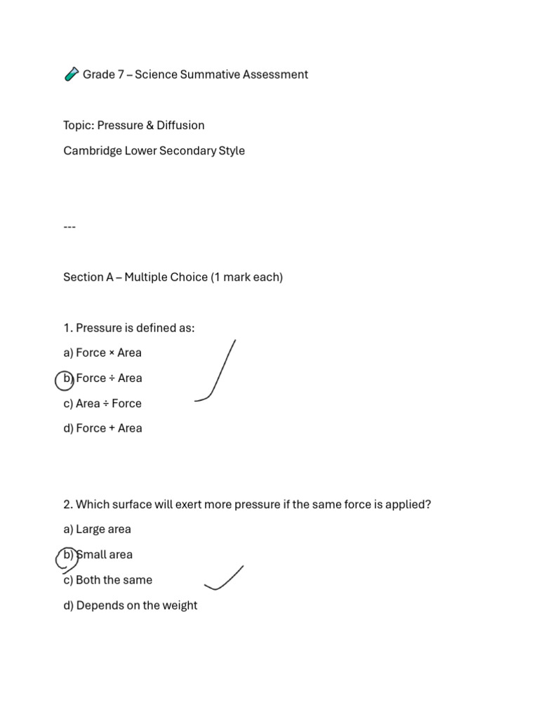 Grade 7 Science: Pressure & Diffusion Assessment | PDF