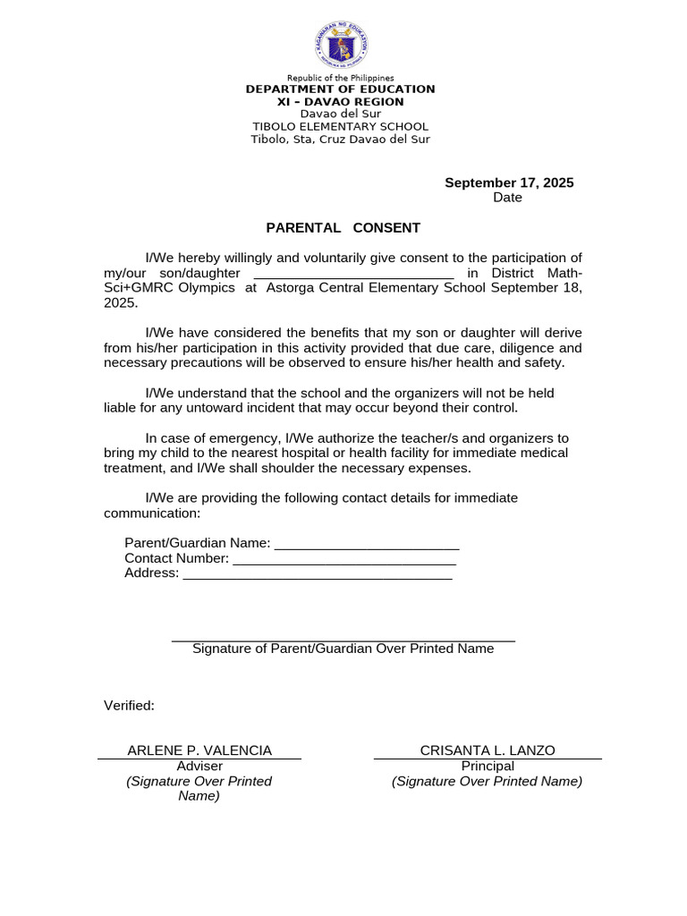 Parental Consent for Math-Sci Olympics | PDF