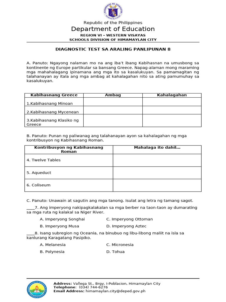 Diagnostic Test - Araling Panlipunan 8 v2 | PDF