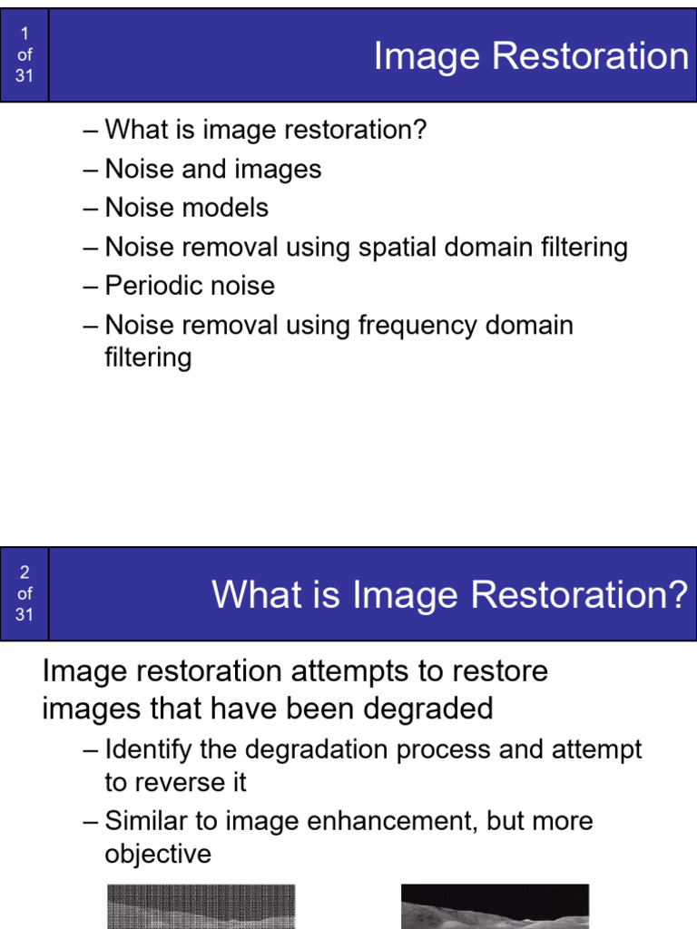 Image Restoration Techniques Explained | PDF | Multidimensional Signal ...