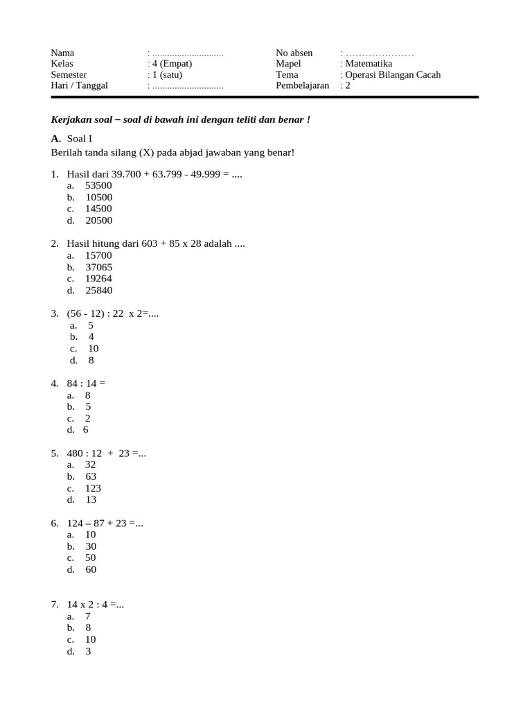Soal Matematika Bilangan Cacah Kelas 4 | PDF
