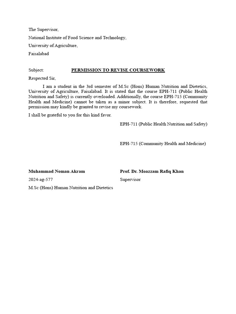 Request to Revise Coursework in Nutrition | PDF