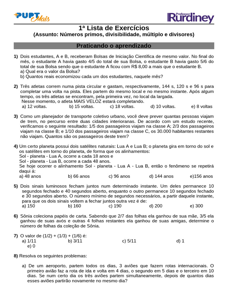 1 Lista de Exercícios - Multiplos e Divisores | PDF | Planetas | Lua, image size:768x1024