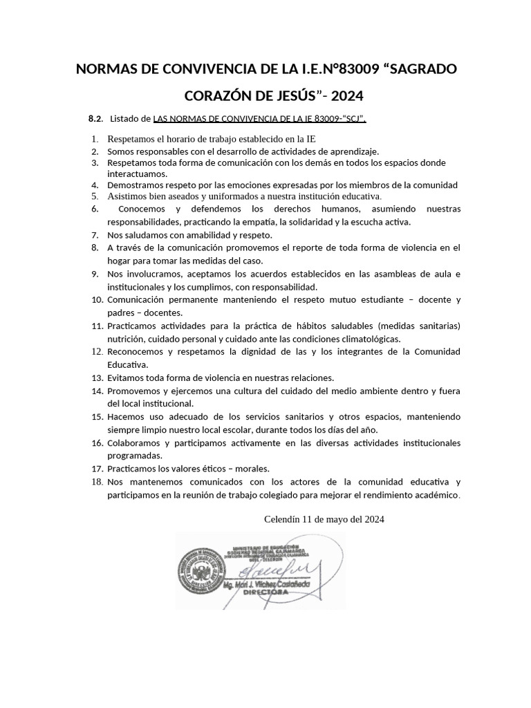 Normas de Convivencia IE N°83009 SCJ 2024 | PDF