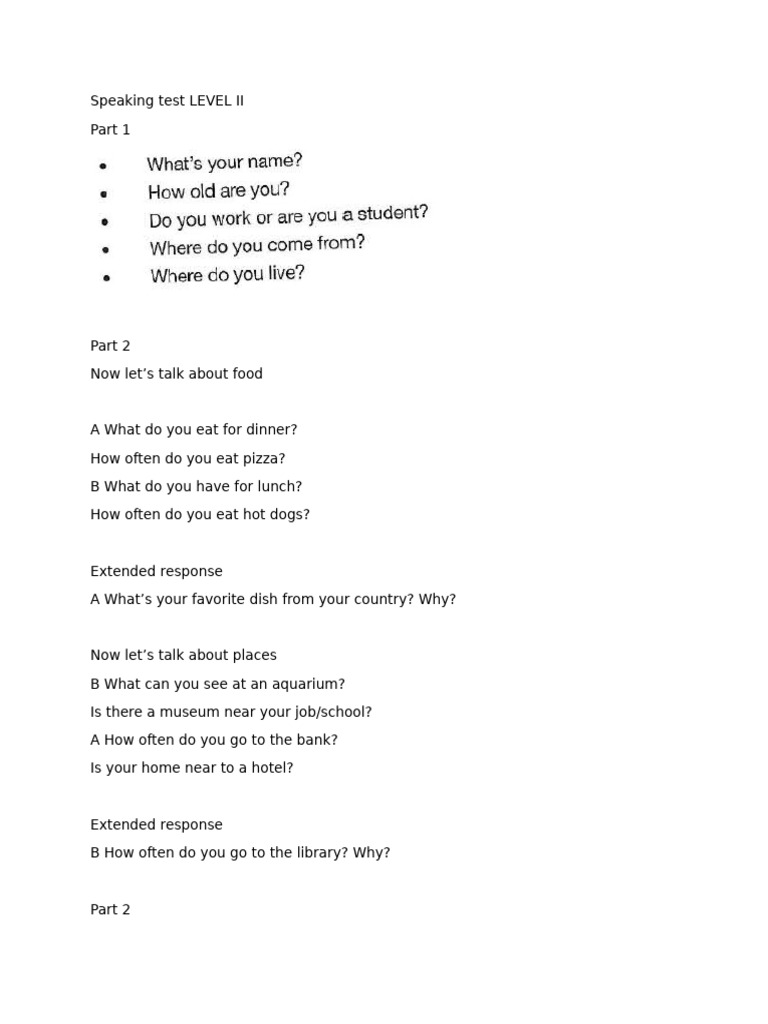Speaking Test Level II: Food & Daily Life | PDF