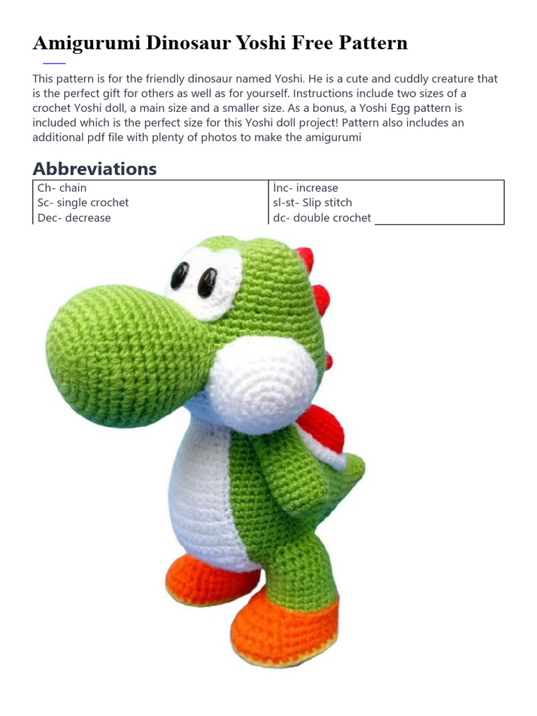Free Amigurumi Yoshi Dinosaur Pattern | PDF | Crochet | Amigurumi