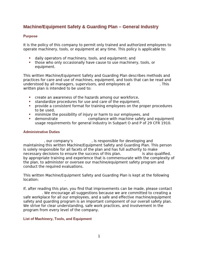 Machine Safety & Guarding Plan Guide | PDF | Tools | Safety