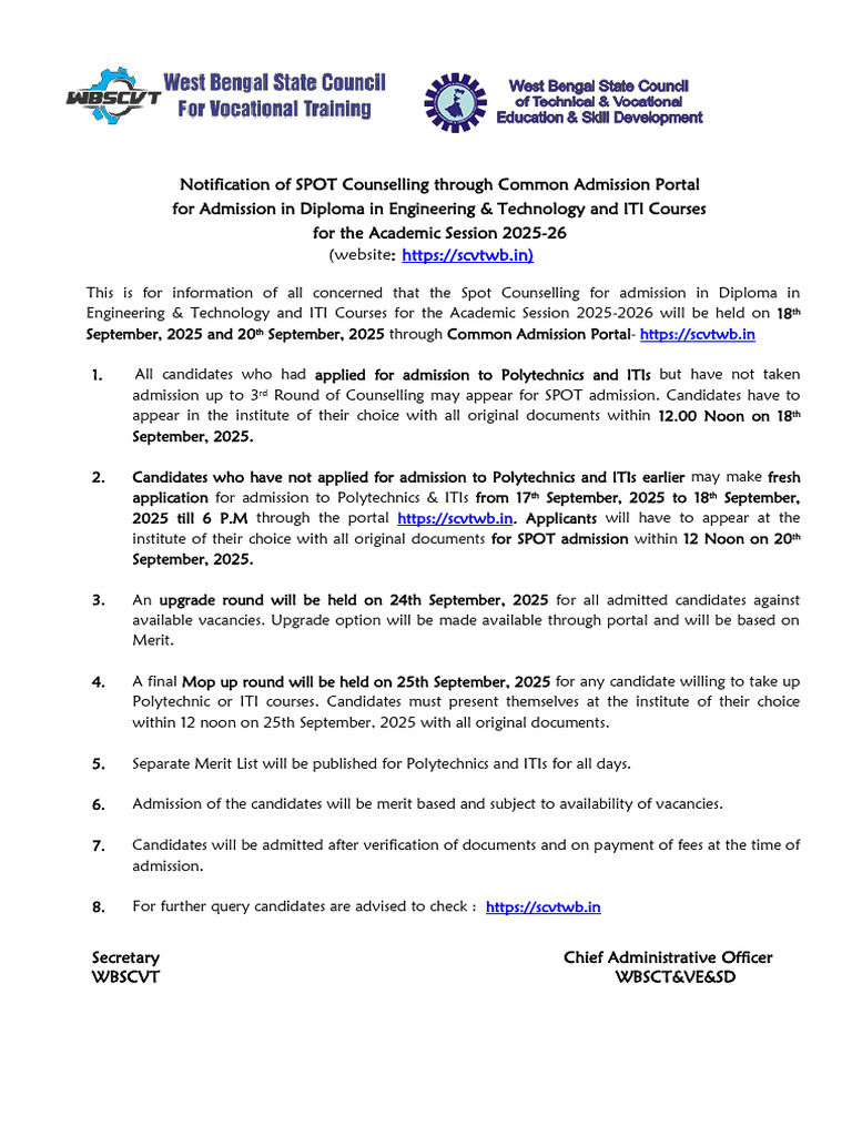 SPOT Counselling for Diploma & ITI 2025 | PDF