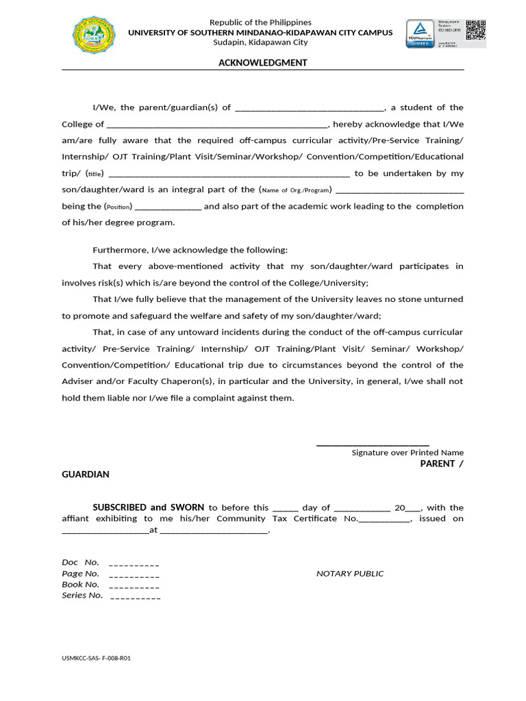 USMKCC SAS F 008 R01 Acknowledgment | PDF
