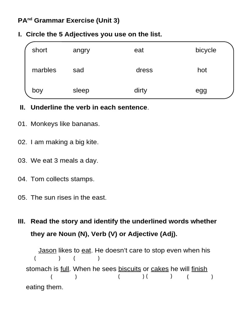 Adjective and Verb Grammar Exercise | PDF