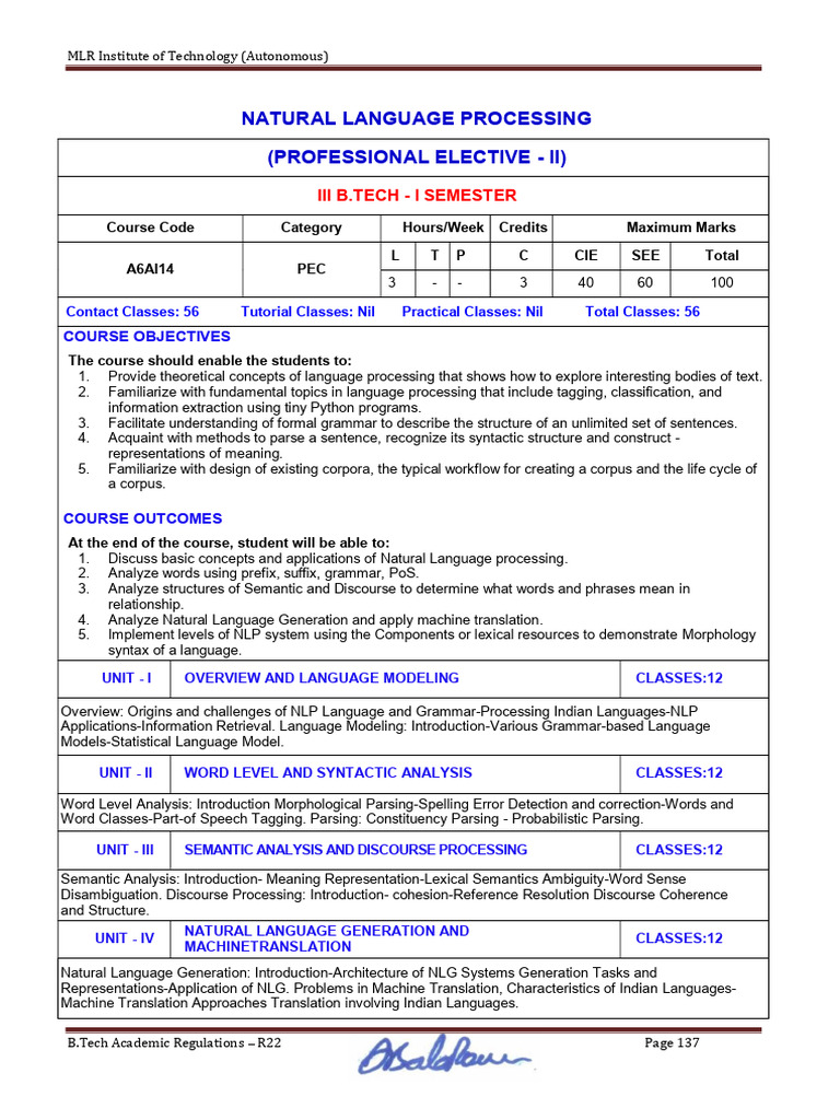 Natural Language Processing Course Syllabus | PDF | Parsing | Syntax