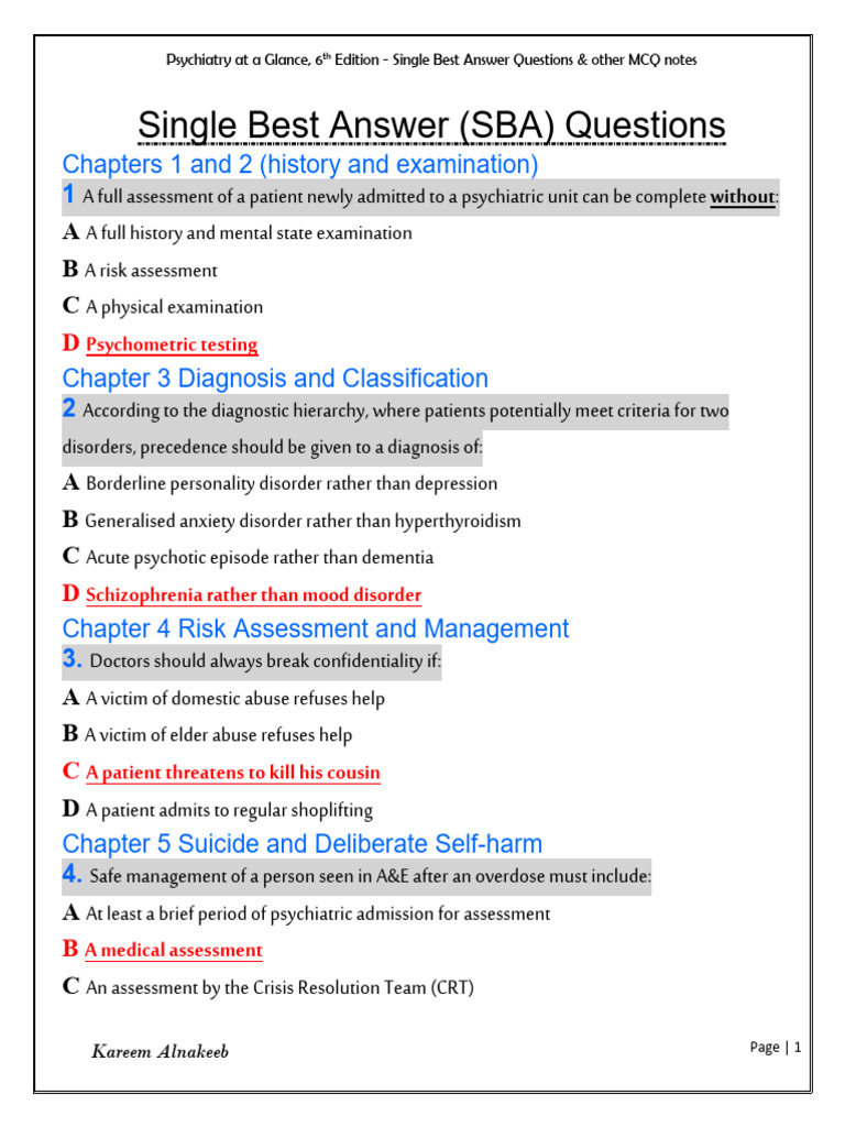 Psychiatry MCQ Guide: SBA Questions | PDF | Mental Disorder ...