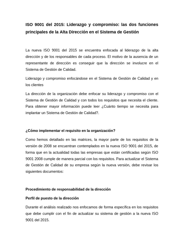 Liderazgo en ISO 9001:2015 y Compromiso | PDF | Sistema de manejo de ...