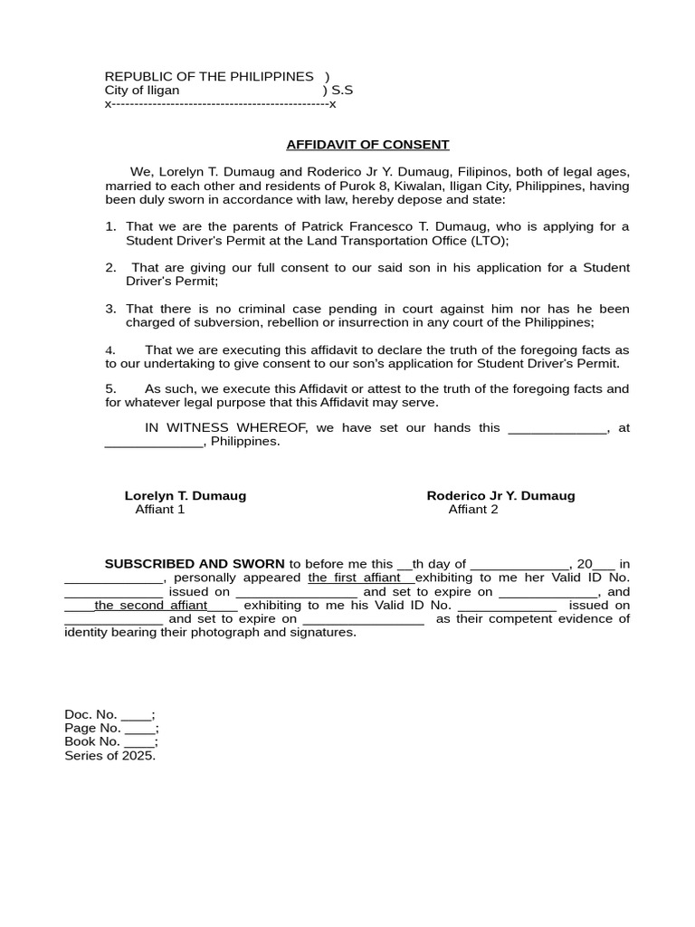 Affidavit of Consent for Student Permit | PDF