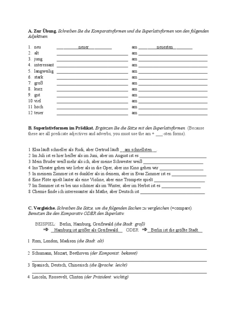 Arbeitsblatt Komparativ Und Superlativ