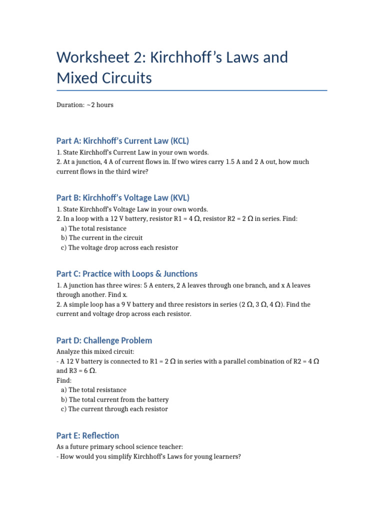 Worksheet 2 Kirchhoff MixedCircuits | PDF