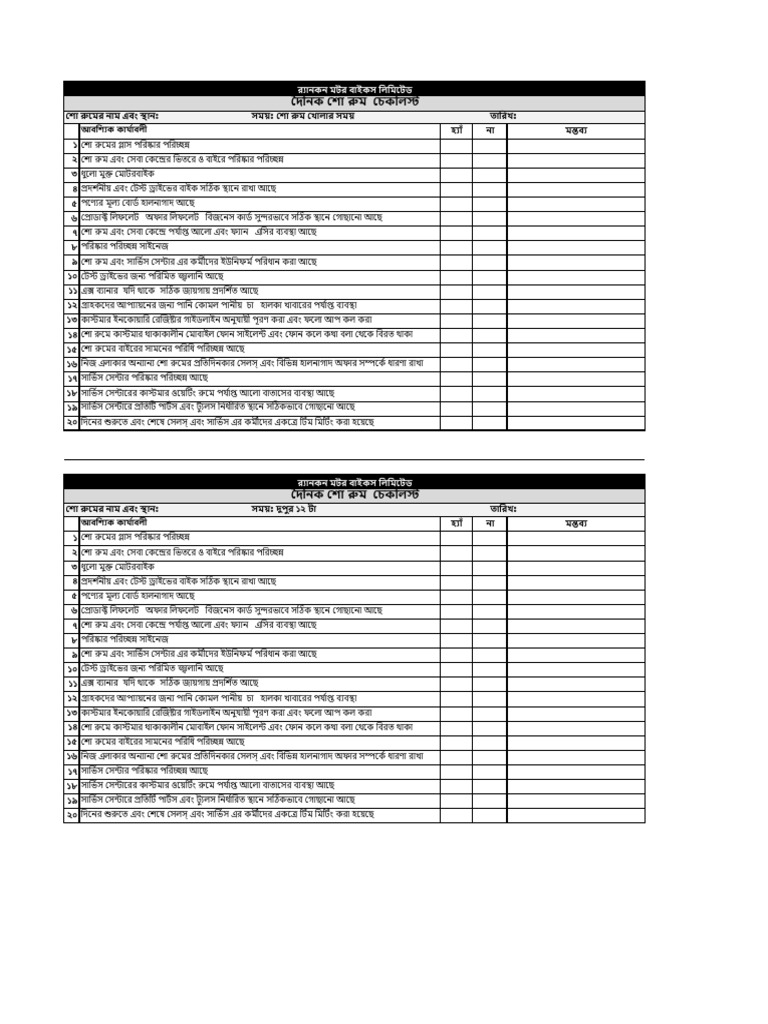 Daily Showroom Checklist-Final | PDF