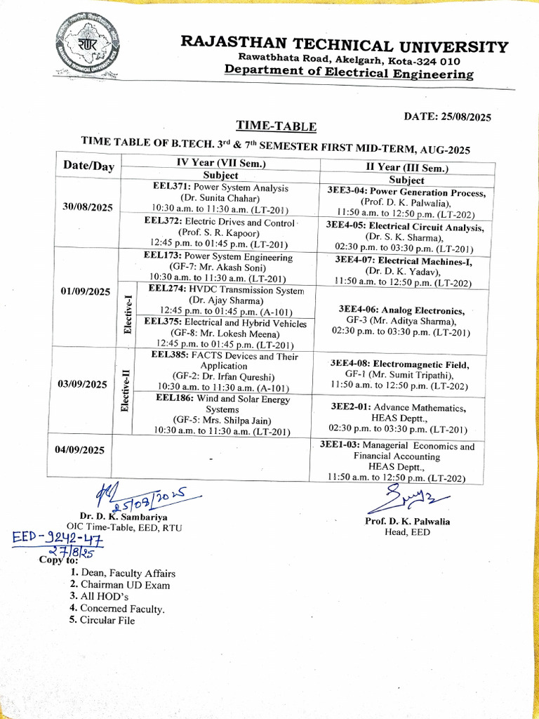 B.Tech 3rd & 7th Semester Mid-Term Timetable | PDF | Electromagnetism ...