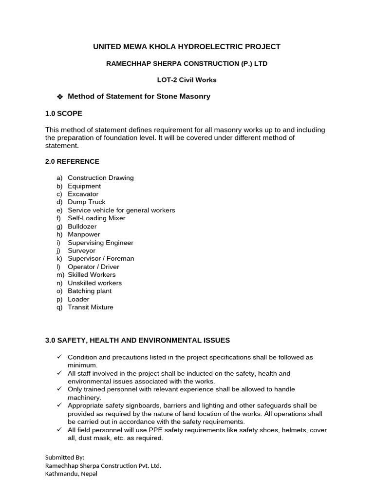 Stone Masonry Method Statement Guide | PDF | Masonry | Mortar (Masonry)