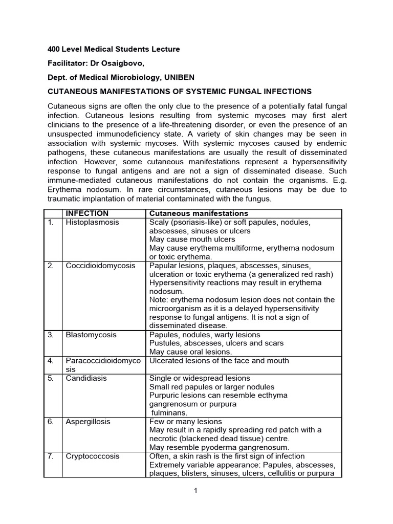 Cutaneous Manifestations of Systemic Fungal Infections | PDF ...